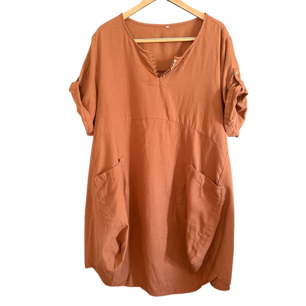 Brown Cotton Linen Blend Lagenlook Oversize Dress with Exaggerated Pockets XL